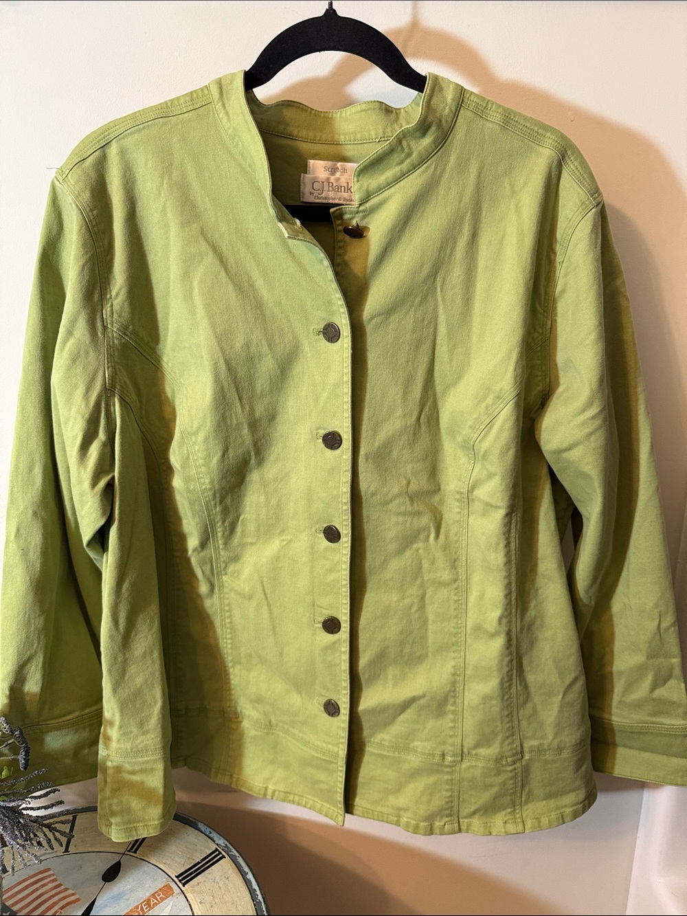 CJ Banks Light Green Button-Up Jean Jacket with soft brushed feel. Stand Collar